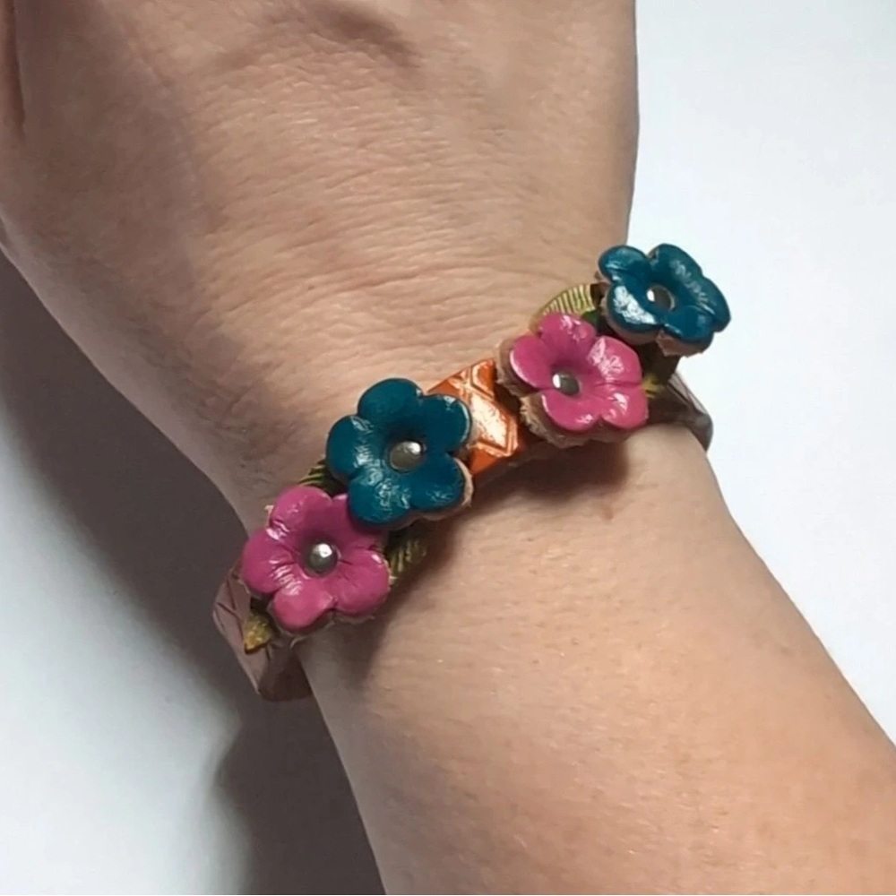 Brown and Multicolor Floral Leather Cuff Bracelet